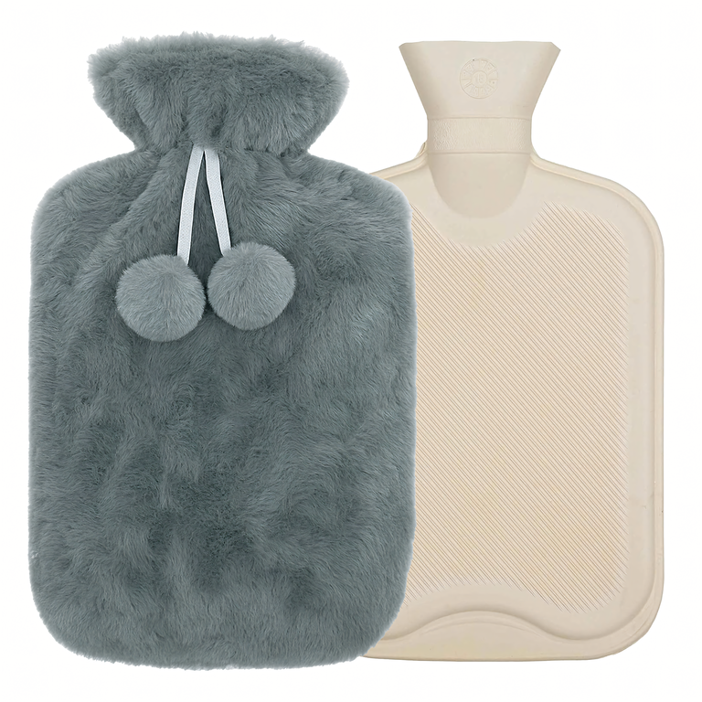 ÎNGRIJIRE PERSONALĂ - Termofor gri 0,5 L, 23,5 x 12,5 cm, sticla pentru apa calda cu husa pufoasa si pompoane, reutilizabil pentru incalzire si confort