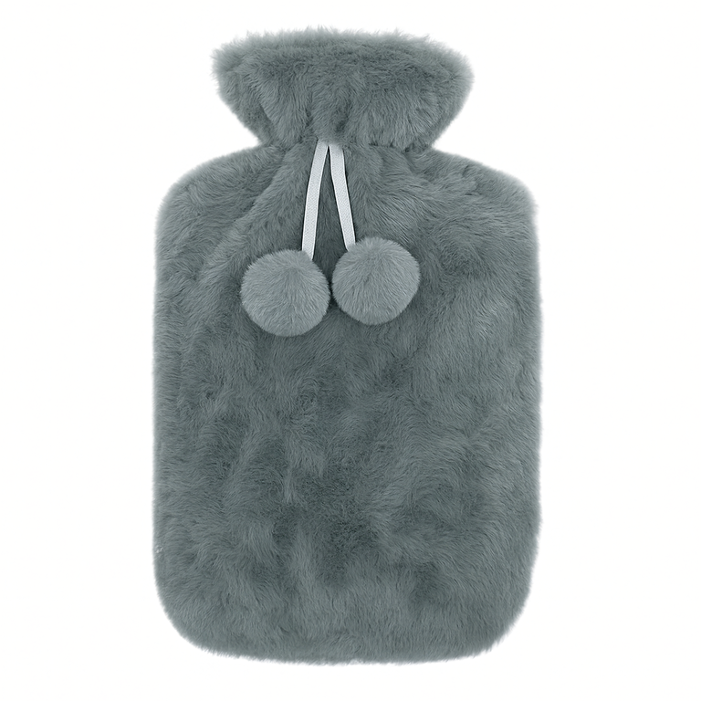 Termofor gri 0,5 L, 23,5 x 12,5 cm, sticla pentru apa calda cu husa pufoasa si pompoane, reutilizabil pentru incalzire si confort [3]