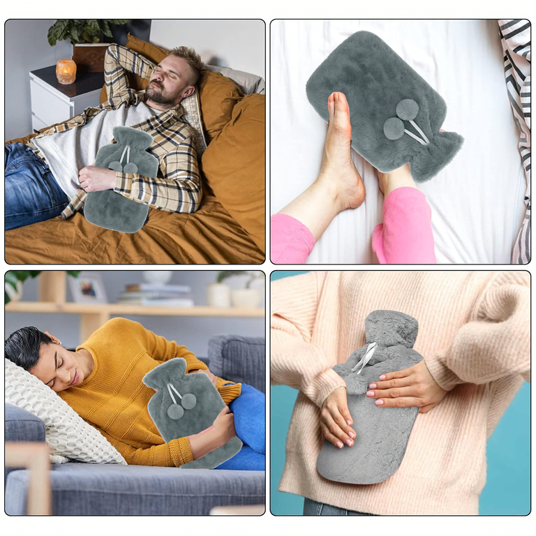Termofor gri 0,5 L, 23,5 x 12,5 cm, sticla pentru apa calda cu husa pufoasa si pompoane, reutilizabil pentru incalzire si confort [9]