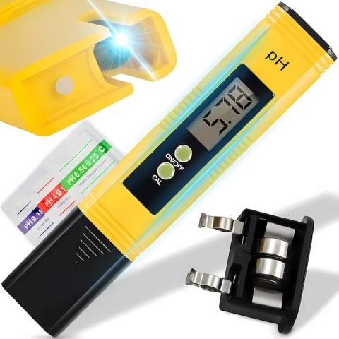 Uz casnic - Tester digital pH pentru apa, gama 0.00–14.00, precizie 0.01, autocalibrare, solutii tampon incluse, afisaj LCD, husa protectie, galben-negru