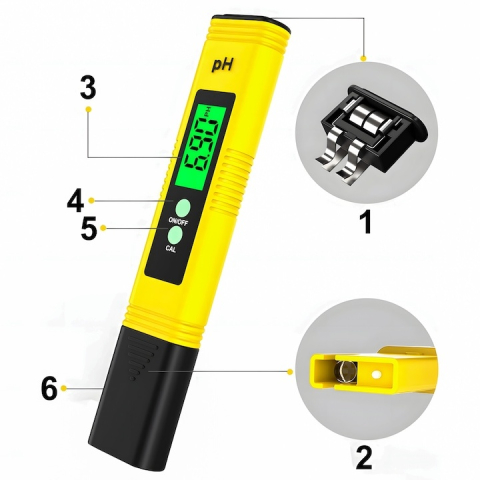 Tester digital pH pentru apa, gama 0.00–14.00, precizie 0.01, autocalibrare, solutii tampon incluse, afisaj LCD, husa protectie, galben-negru [10]