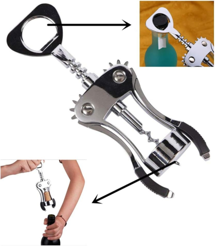 Tirbuson cu brate din otel inoxidabil, desfacator vin si capace, ergonomic, 17.3 cm, argintiu [4]