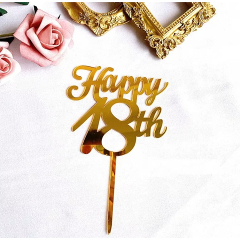 Topper Decorativ pentru Tort Happy 18th, Acrilic Auriu cu Efect Oglinda, 10 cm, Decor Majorat, Accesoriu pentru Aniversare 18 Ani [1]