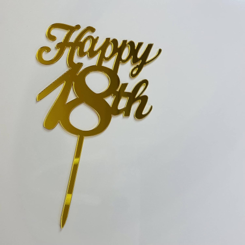 Topper Decorativ pentru Tort Happy 18th, Acrilic Auriu cu Efect Oglinda, 10 cm, Decor Majorat, Accesoriu pentru Aniversare 18 Ani [2]