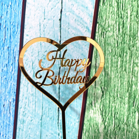 Topper tort auriu Happy Birthday, model inimioara, decor aniversar elegant [5]