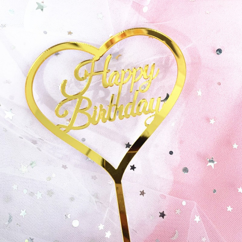 Topper tort auriu Happy Birthday, model inimioara, decor aniversar elegant [4]