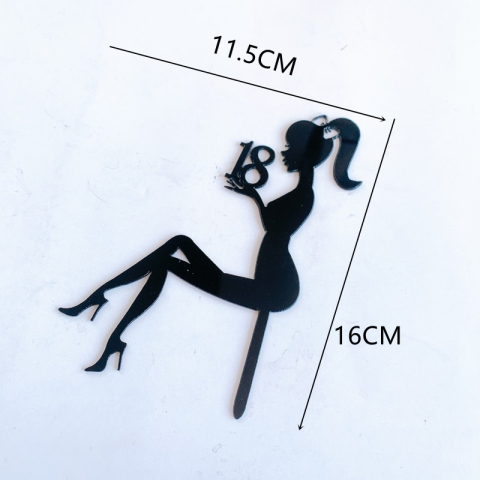 Topper Tort Negru 16 x 11.5 cm, Decoratiune Majorat 18 Ani, Silueta Fata cu Cifra 18, Accesoriu pentru Tort Aniversar, Reutilizabil [1]