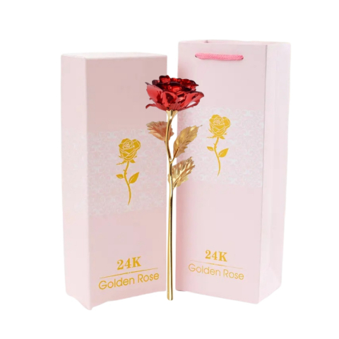 CADOURI - Trandafir artificial, suflat cu aur 24K, cutie eleganta, punga de cadou inclusa, rosu