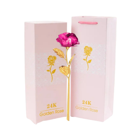 CADOURI - Trandafir artificial, suflat cu aur 24K, cutie eleganta, punga de cadou inclusa, roz