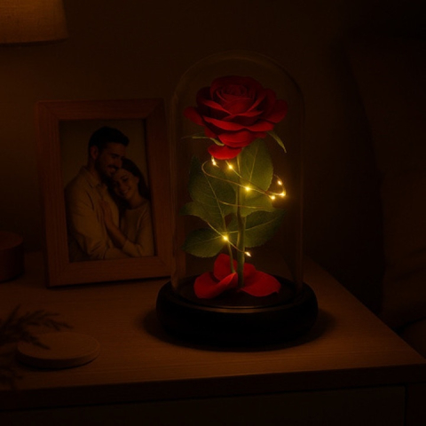 Trandafir decorativ in cupola de sticla, cu LED, cutie eleganta pentru cadou, 21 x 11 cm, rosu – simbolul iubirii eterne [7]