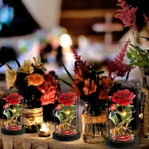 Trandafir decorativ in cupola de sticla, cu LED, cutie eleganta pentru cadou, 21 x 11 cm, rosu – simbolul iubirii eterne [9]