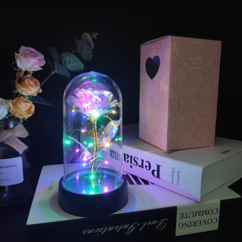 Trandafir etern argintiu iluminat cu LED multicolor, cupola transparenta acrilica, decor elegant pentru casa, 8.5 x 15 cm [1]