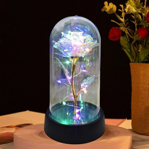 Trandafir etern argintiu iluminat cu LED multicolor, cupola transparenta acrilica, decor elegant pentru casa, 8.5 x 15 cm [4]