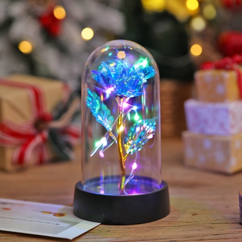 Trandafir etern iluminat cu LED multicolor, cupola transparenta acrilica, decor romantic pentru casa, albastru, 8.5 x 15 cm [4]