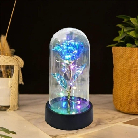 Trandafir etern iluminat cu LED multicolor, cupola transparenta acrilica, decor romantic pentru casa, albastru, 8.5 x 15 cm [3]