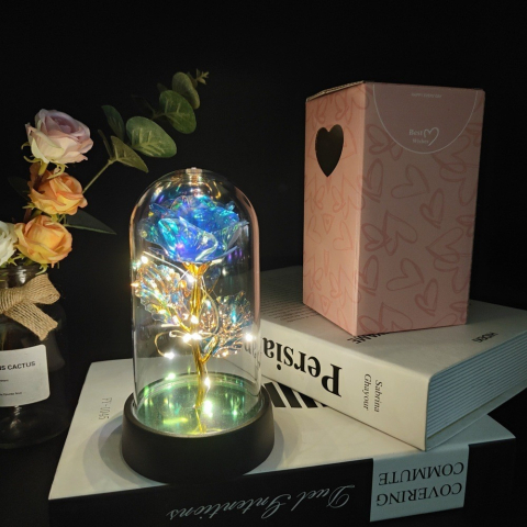 Trandafir etern iluminat cu LED multicolor, cupola transparenta acrilica, decor romantic pentru casa, albastru, 8.5 x 15 cm [1]