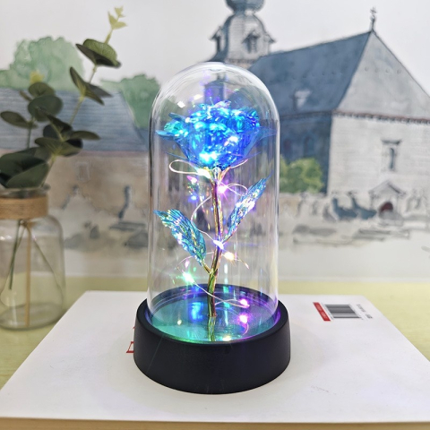 Trandafir etern iluminat cu LED multicolor, cupola transparenta acrilica, decor romantic pentru casa, albastru, 8.5 x 15 cm [2]