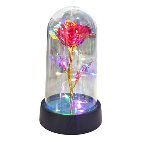 CADOURI - Trandafir LED, multicolor, etern, cupola acrilica transparenta, decor romantic pentru casa, 8.5 x 15 cm, rosu