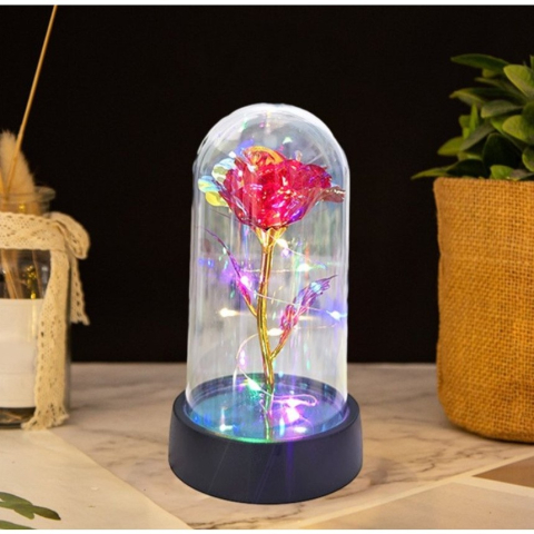Trandafir LED, multicolor, etern, cupola acrilica transparenta, decor romantic pentru casa, 8.5 x 15 cm, rosu [2]