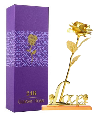 CADOURI - Trandafir suflat cu aur de 24K - Auriu + Suport Love,ambalat in cutie eleganta.