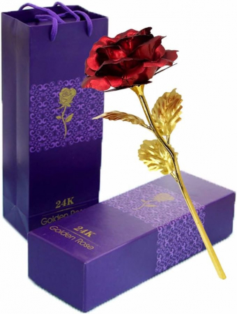 CADOURI - Trandafir suflat cu aur de 24K - Rosu + Suport Love si punga de cadou inclusa
