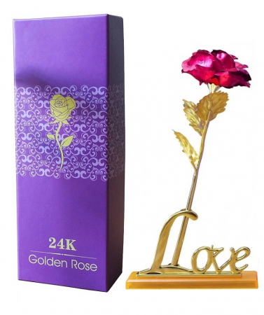CADOURI - Trandafir suflat cu aur de 24K - Roz + Suport Love