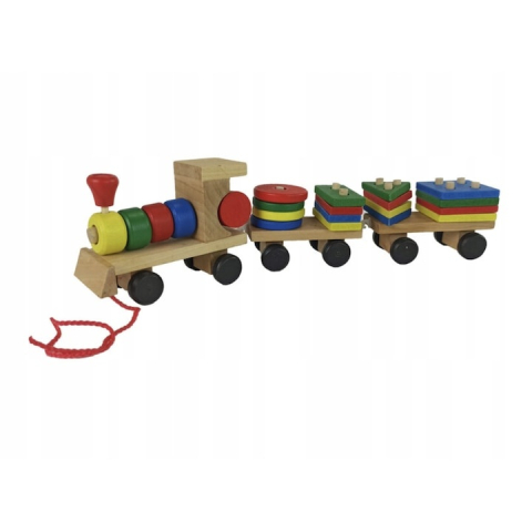Trenulet de jucarie din lemn, 30 cm, multicolor – cu forme geometrice, puzzle arcade, locomotiva + 2 vagoane, blocuri detasabile, pentru copii 3+ [5]