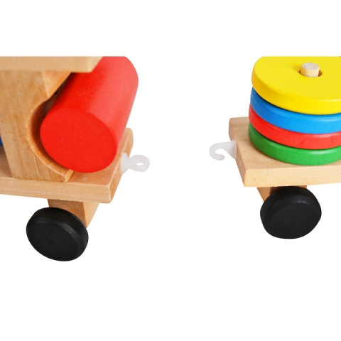 Trenulet de jucarie din lemn, 30 cm, multicolor – cu forme geometrice, puzzle arcade, locomotiva + 2 vagoane, blocuri detasabile, pentru copii 3+ [9]