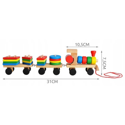 Trenulet de jucarie din lemn, 30 cm, multicolor – cu forme geometrice, puzzle arcade, locomotiva + 2 vagoane, blocuri detasabile, pentru copii 3+ [10]