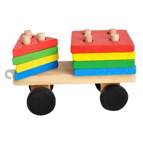 Trenulet de jucarie din lemn, 30 cm, multicolor – cu forme geometrice, puzzle arcade, locomotiva + 2 vagoane, blocuri detasabile, pentru copii 3+ [6]