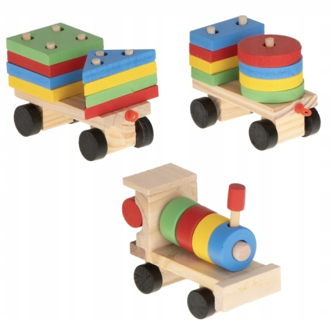 Trenulet de jucarie din lemn, 30 cm, multicolor – cu forme geometrice, puzzle arcade, locomotiva + 2 vagoane, blocuri detasabile, pentru copii 3+ [3]