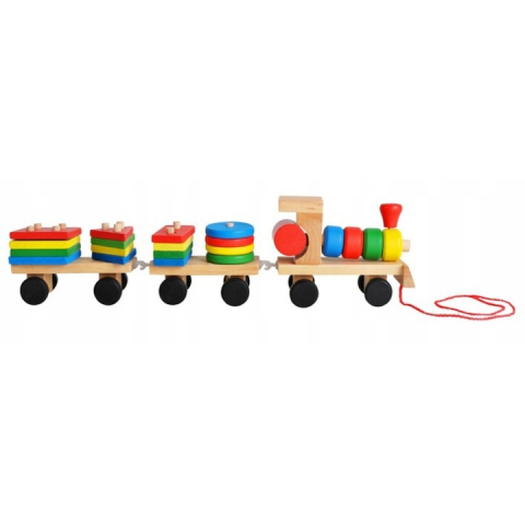 Trenulet de jucarie din lemn, 30 cm, multicolor – cu forme geometrice, puzzle arcade, locomotiva + 2 vagoane, blocuri detasabile, pentru copii 3+ [11]