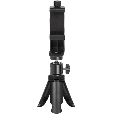 Mini trepiezi - Trepied de masa 8.5 cm cu cap de bila metalic rotativ 360° si suport telefon extensibil rotativ landscape–portret 5.5–10 cm, montura 1/4 inch, ABS negru