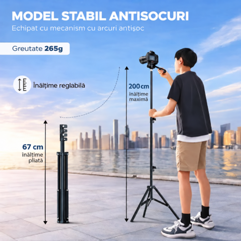 Trepied extensibil 200 cm din aluminiu cu suport reglabil pentru telefon si montura camera, stativ pliabil pentru foto video si iluminare, negru [1]