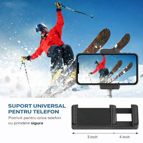 Trepied extensibil 210 cm din aluminiu cu suport reglabil pentru telefon si montura camera, stativ pliabil pentru foto video si iluminare, negru [5]