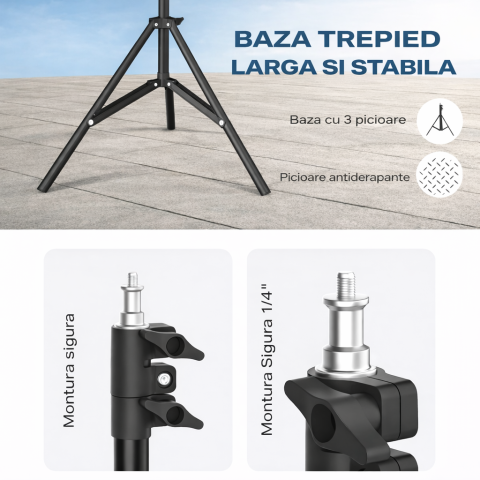 Trepied extensibil 210 cm din aluminiu cu suport reglabil pentru telefon si montura camera, stativ pliabil pentru foto video si iluminare, negru [6]