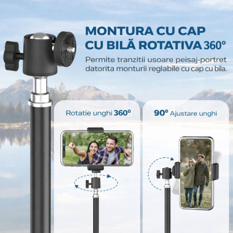Trepied extensibil 210 cm din aluminiu cu suport reglabil pentru telefon si montura camera, stativ pliabil pentru foto video si iluminare, negru [8]