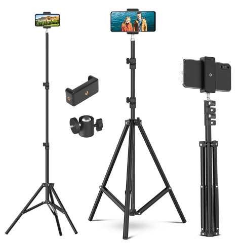 ECHIPAMENTE FOTO - Trepied extensibil 210 cm din aluminiu cu suport reglabil pentru telefon si montura camera, stativ pliabil pentru foto video si iluminare, negru