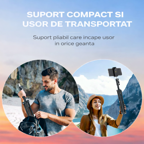 Trepied extensibil 210 cm din aluminiu cu suport reglabil pentru telefon si montura camera, stativ pliabil pentru foto video si iluminare, negru [4]