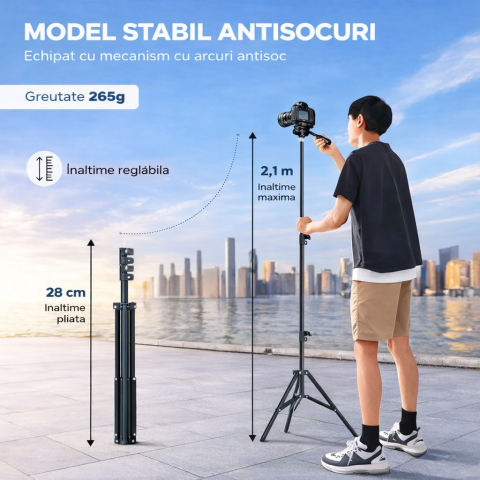 Trepied extensibil 210 cm din aluminiu cu suport reglabil pentru telefon si montura camera, stativ pliabil pentru foto video si iluminare, negru [1]