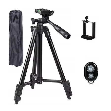 Trepiezi - Trepied foto universal 133 cm ,filet 1/4 cu suport de telefon si telecomanda Bluetooth - Negru