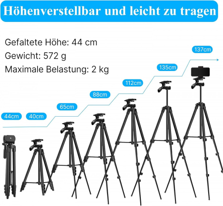 Trepied foto profesional 135 cm ,filet universal 1/4 cu suport de telefon si telecomanda Bluetooth - Negru [3]