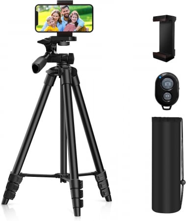 ECHIPAMENTE FOTO - Trepied foto profesional 135 cm ,filet universal 1/4 cu suport de telefon si telecomanda Bluetooth - Negru