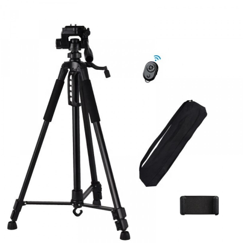 Trepiezi - Trepied foto universal cu suport de telefon si telecomanda bluetooth, pentru camere, GoPro, telefon, filet 1/4, inaltime maxima 168 cm