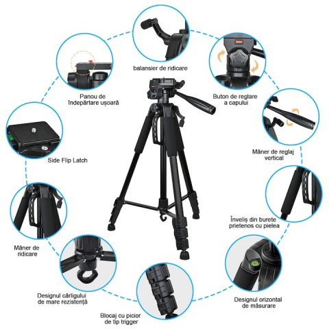 Trepied foto universal cu suport de telefon si telecomanda bluetooth, pentru camere, GoPro, telefon, filet 1/4, inaltime maxima 180 cm [7]