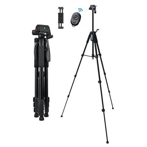 Trepiezi - Trepied foto universal cu suport de telefon si telecomanda bluetooth, pentru camere, GoPro, telefon, filet 1/4, inaltime maxima 180 cm