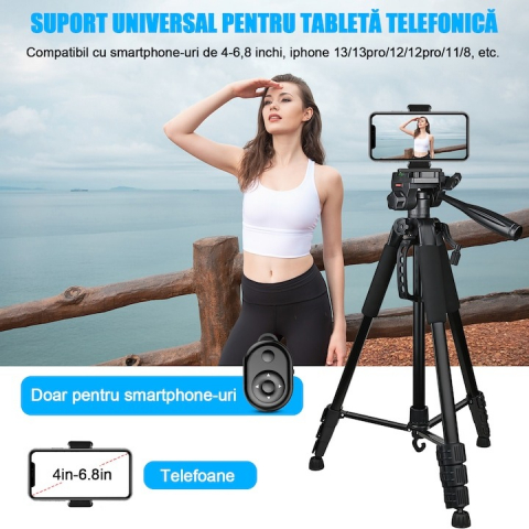 Trepied foto universal cu suport de telefon si telecomanda bluetooth, pentru camere, GoPro, telefon, filet 1/4, inaltime maxima 180 cm [6]