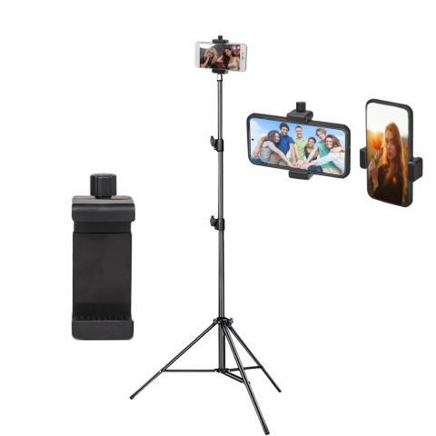 Trepiezi & Diverse - Trepied foto video 180 cm aluminiu negru cu suport telefon ABS reglabil 5.5–10 cm, filet 1/4, 3 segmente, extensie cu surub de blocare, stabil max 3 kg