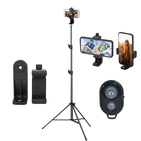 ECHIPAMENTE FOTO - Trepied foto video 180 cm aluminiu negru cu telecomanda bluetooth si suport telefon reglabil 5.5–10 cm, 3 segmente, 3 kg, filet 1/4, orientare reglabila