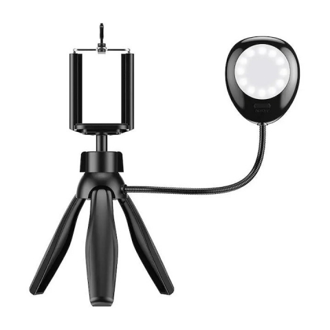 Mini trepiezi - Trepied pentru telefon, lumina LED, 3 niveluri de luminozitate, negru